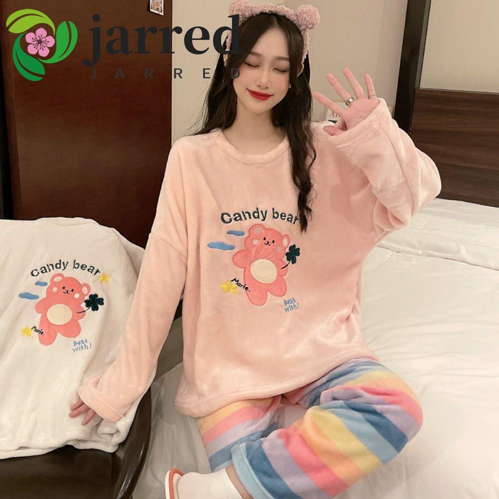 Bộ đồ ngủ nữ JARRED, Kitty Cat Bear Rabbit Coral Fleece Sleepwear, Kawaii Rainbow Letter Plush Warm 