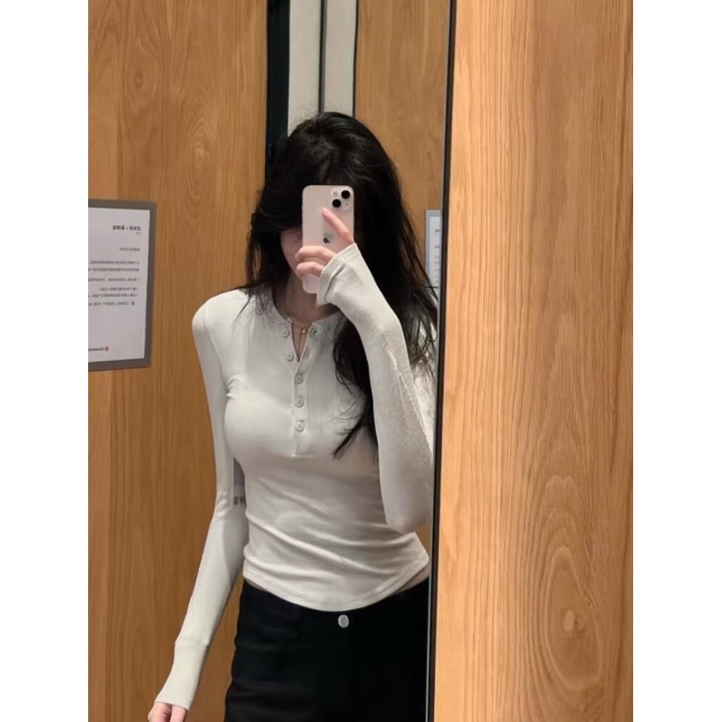 1u1u Five-Button Half-Open Henley Shirt Modal Ribbed Long Sleeve T Shirt Bottoming Shirt