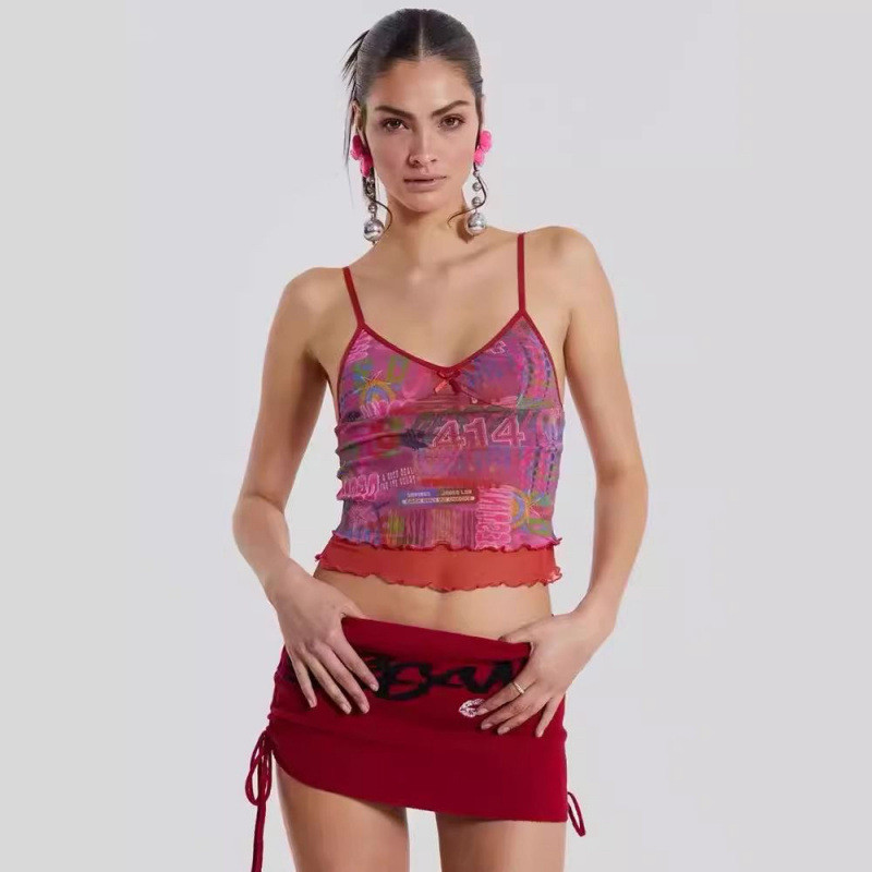ZDXM Jaded London Pink graffiti print Y2K Hot Girl V Bow Collar Double Layer Mesh Short Camisole