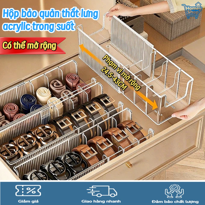 HomeyShop-Hộp bảo quản thắt lưng acrylic trong suốt,co giãn 24.5-43cm, trưng bày khăn lụa, tất, cà v