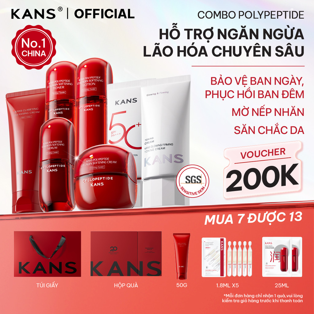 KANS Combo 7 Món Dưỡng Da Chống Lão Hóa Kem Chống Nắng & Kem Nâng Tông Sữa Rửa Mặt - Toner - Lotion 