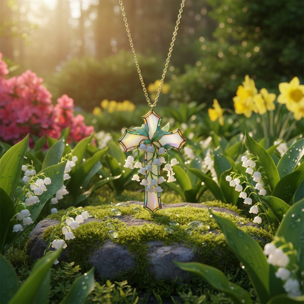 Thiết kế thanh lịch Lily of the Valley Cross Iridescent Finish Lily of the Valley Suncatcher Handmad
