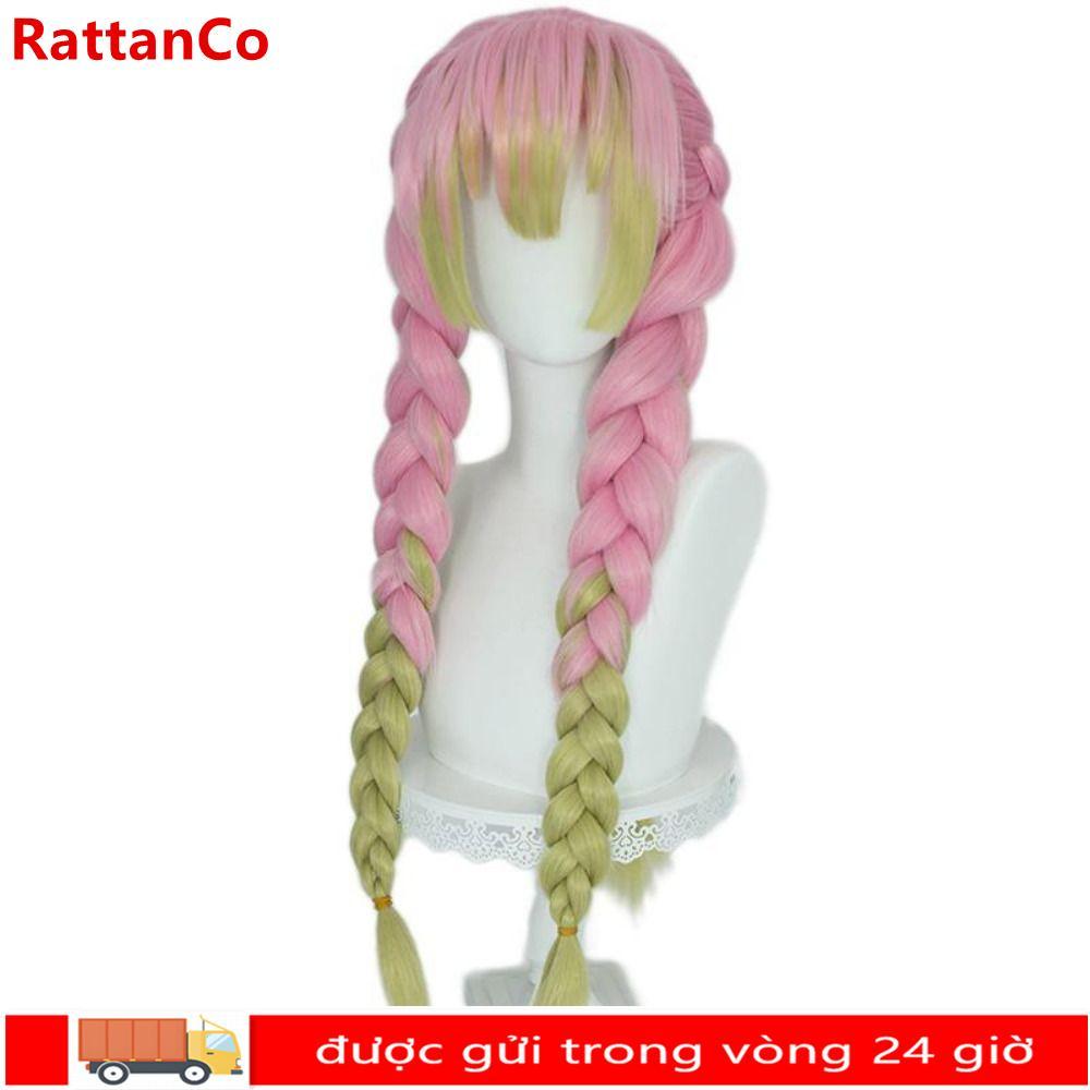 Tóc giả cosplay Mitsuri Kanroji Demon Slayer màu hồng và xanh, phù hợp Halloween