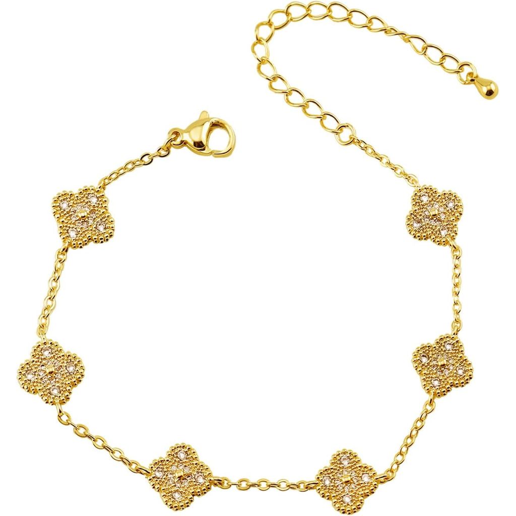 Four Leaf Clover Bracelet for Women 18K Gold Plated Stainless Steel Lucky 4 Leaf Gold Link Bracelet 