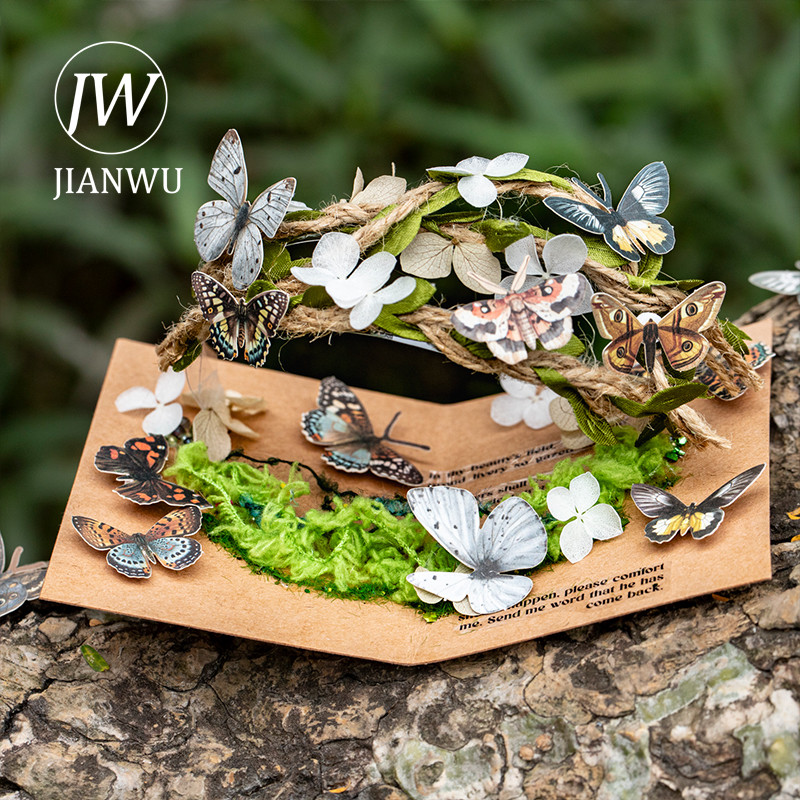 JIANWU Bướm Series Vintage Phong Cảnh Chất Liệu Cắt Dán Thêu Sò Nhãn Dán Sáng Tạo DIY Tạp Chí Văn Ph