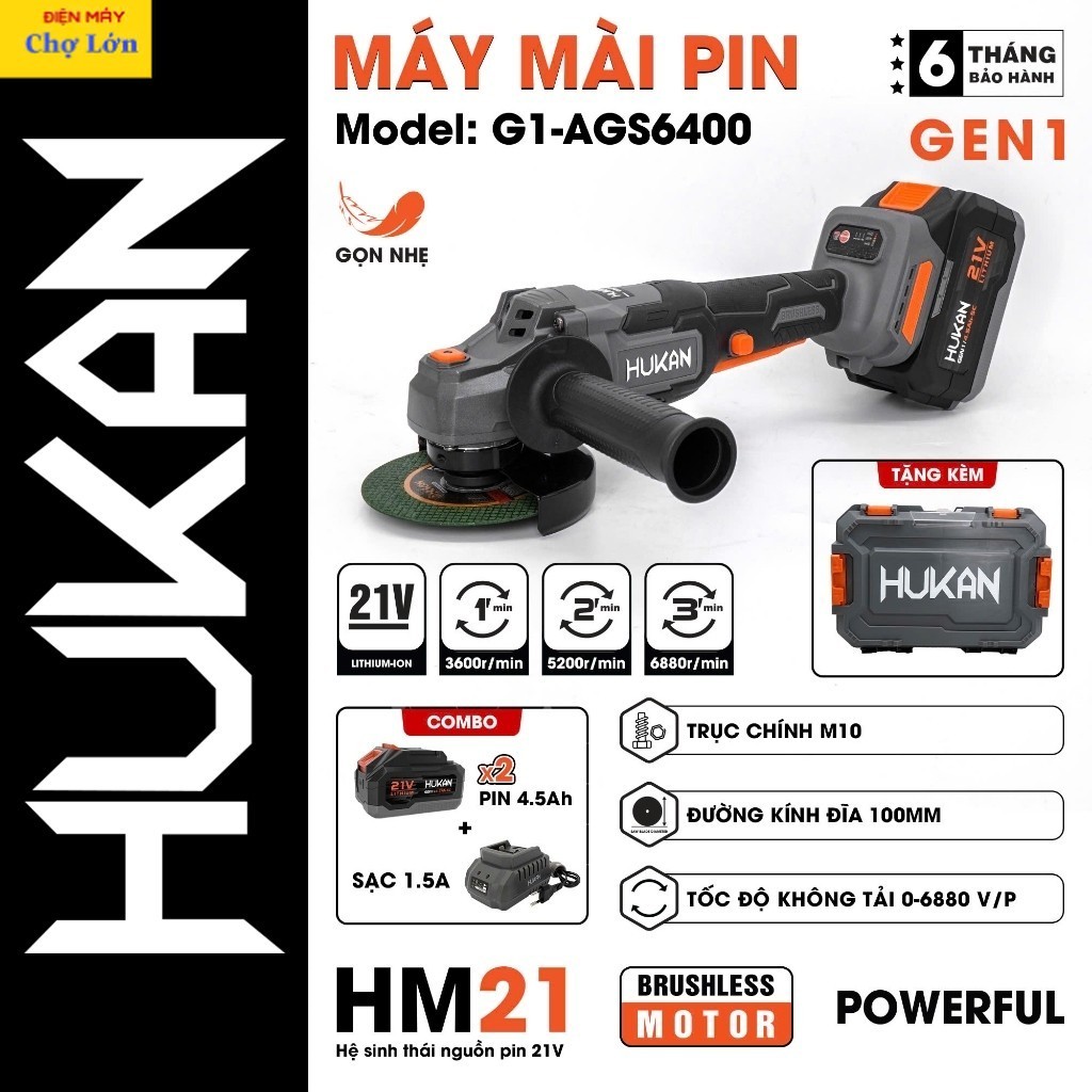 Máy mài pin HUKAN HK-AGS6400, Không chổi than, 3 cấp tốc độ, Tốc độ 6880v/p Điện may CL hukan