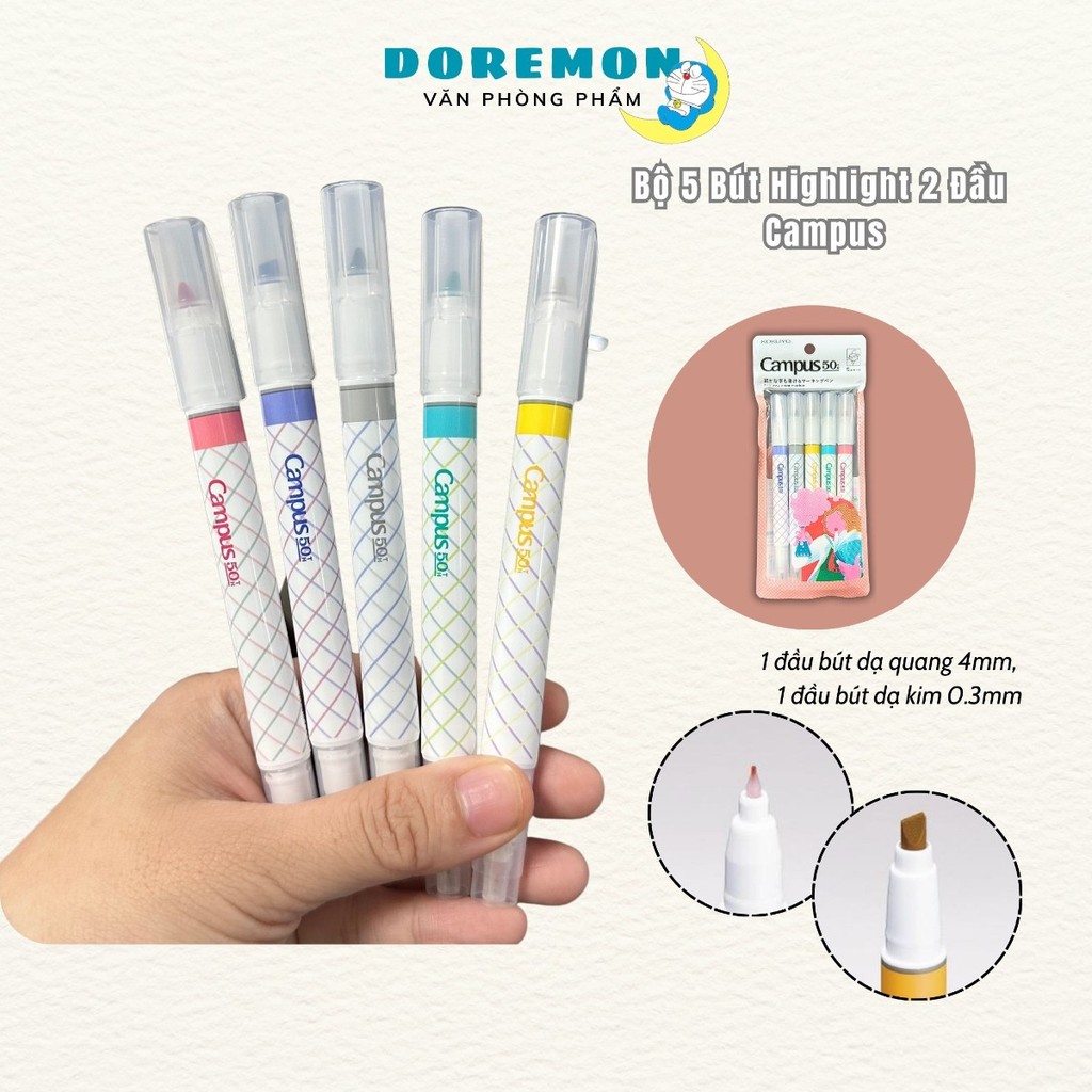 Bút Highlight 5 màu - Bút nhớ 2 đầu Campus Chính hãng  – Ghi chú rõ ràng- vpp Doremon