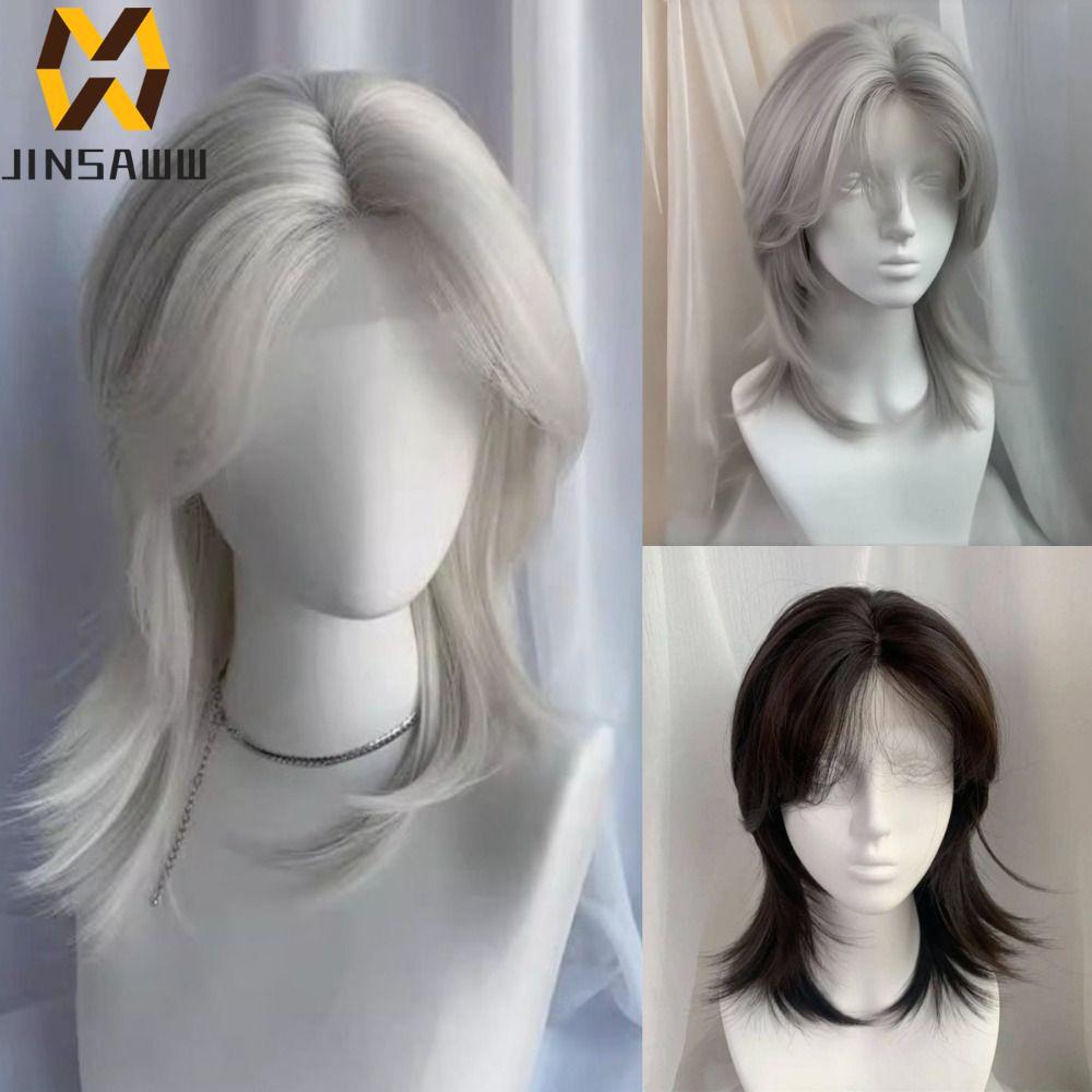 JENIFERDZ Tóc Giả Full Đầu Layer Trắng - Mốt Mullet Wolf Tail Anime Nam, Có Nổ và Ren Ngắn Thẳng Tổn