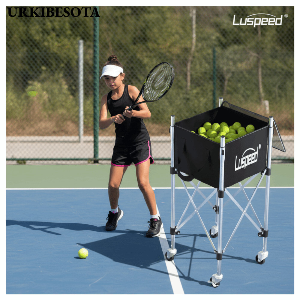 Xe đẩy bóng tennis URKIBESOTA bằng thép không gỉ, có thể điều chỉnh độ cao kèm giỏ thu bóng Luspeed 