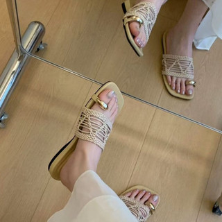 Dép Nữ Mũi Vuông Bao Mũi Nhìn Xuyên Qua Lưới Gợi Cảm Flat Dép Size 35-40