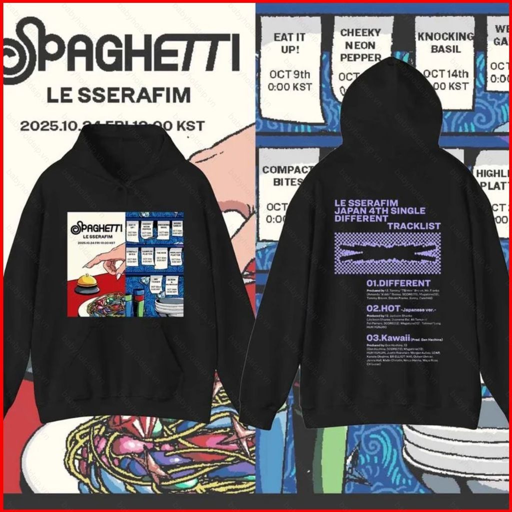 hoodie LE SSERAFIM có hình Kim Chaewon và Huh Yunjin - Album mới SPAGHETTI