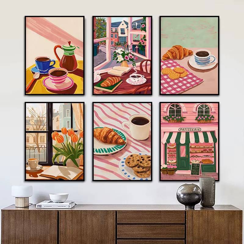 Coffee Shop City Bakery Bánh Croissants và Cookies Poster Không Khung Tranh Canvas Nhà Bếp Cafe Tran