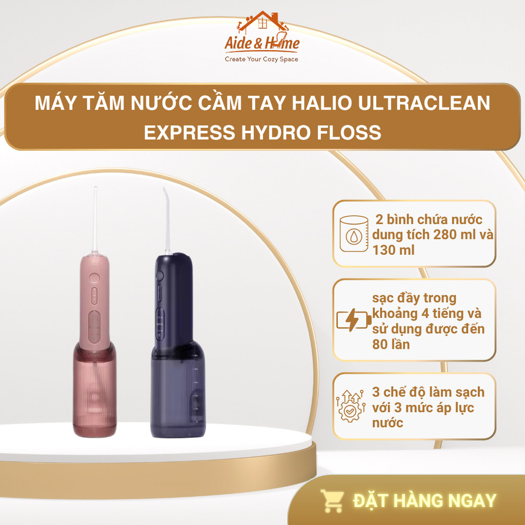 Máy Tăm Nước Cầm Tay Halio Ultraclean Express Hydro Floss | 4 Đầu Phun, 2 Bình Chứa Nước