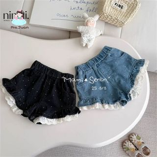 Quần short jean bé gái – Chấm bi xinh xắn, viền ren dễ thương, dáng rộng mặc hè