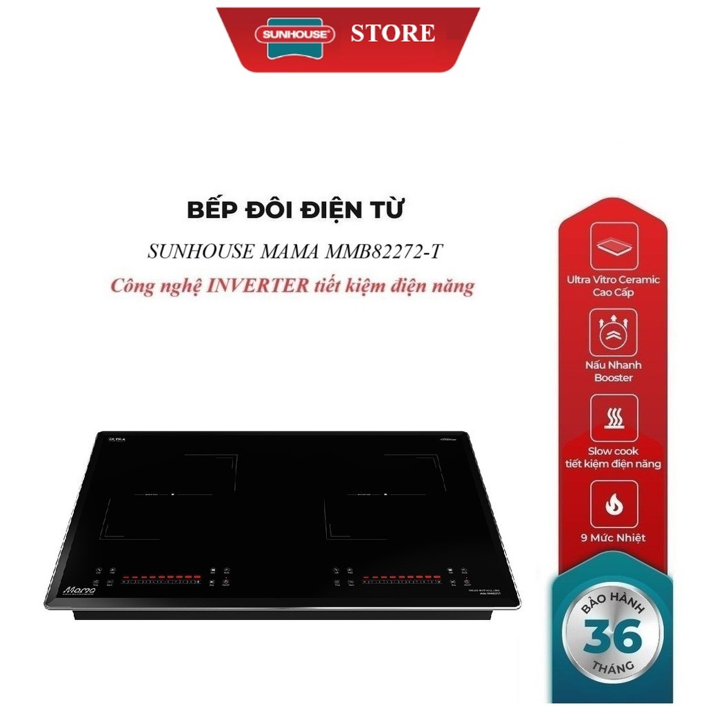 BẾP ĐÔI ĐIỆN TỪ SUNHOUSE MAMA MMB82272-T , Booster nấu nhanh - 9 mức chỉnh, có tính năng slow cook, 
