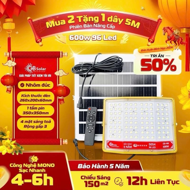 Gb Solar Đèn Năng Lượng Mặt Trời 600W Nhôm Đúc | 96 LED 5054.[COMBO MUA 2 BỘ TẶNG 1 Dây 5m]