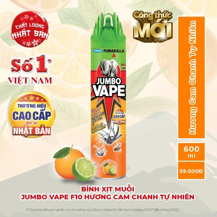 Bình Xịt Muỗi Jumbo Vape FIK (300ml/600ml) - Diệt Côn Trùng Nhanh, Hương Cam Chanh/Lài Dễ Chịu, Khôn