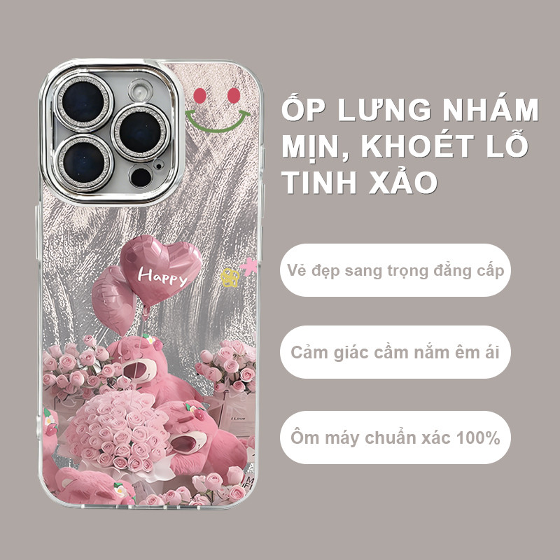 Ốp Lưng iPhone Gấu Hồng Hoa Hồng Trái Tim Happy Dễ Thương  iP 11/12/13/14/15/16/17/Plus/Pro/Max