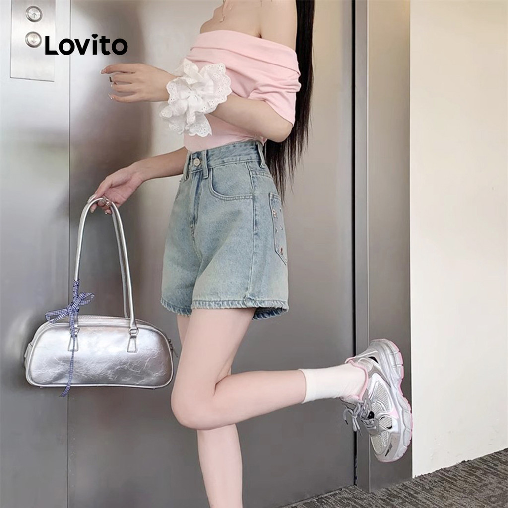 Lovito Quần short Denim thêu ngắn túi mùa hè / xuân giản dị dành cho nữ L125AD221 | BigBuy360 - bigbuy360.vn