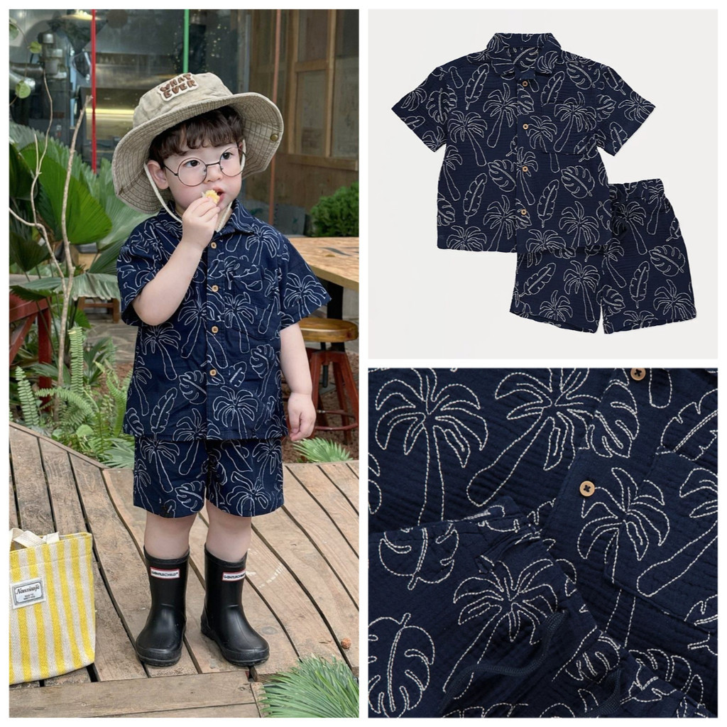 set bộ cộc tay + short hoa tiết thêu Geo auth xịn cho bé trai
