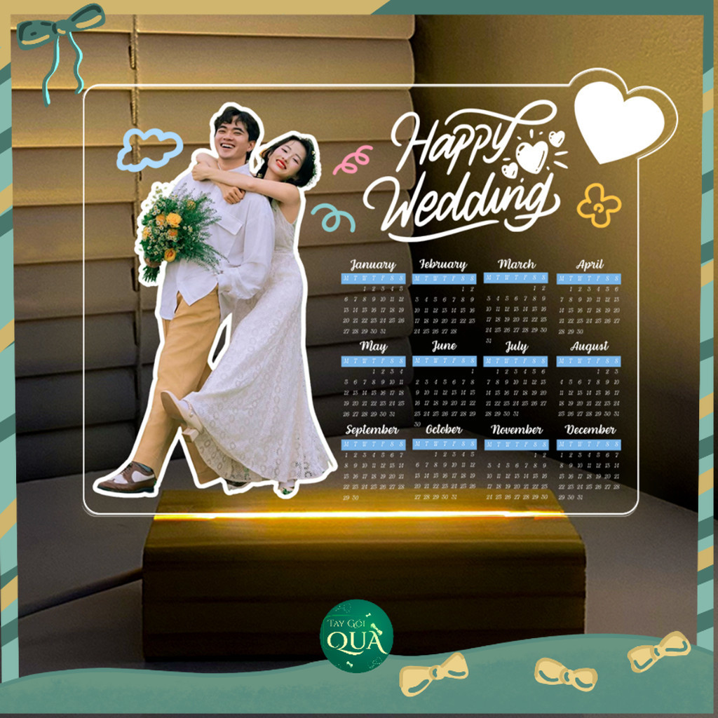 Khung Ảnh Mica Đế Đèn LED In Ảnh Theo Yêu Cầu – Lịch Quà Cưới, LED USB, Mica 3mm (Nhận Hỏa Tốc)