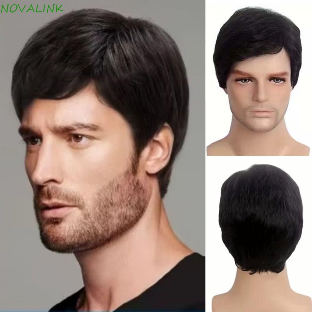 NOVALINK Tóc giả nam tự nhiên, mái slanted side bangs, phù hợp cosplay và Halloween - Toupee tóc ngắ