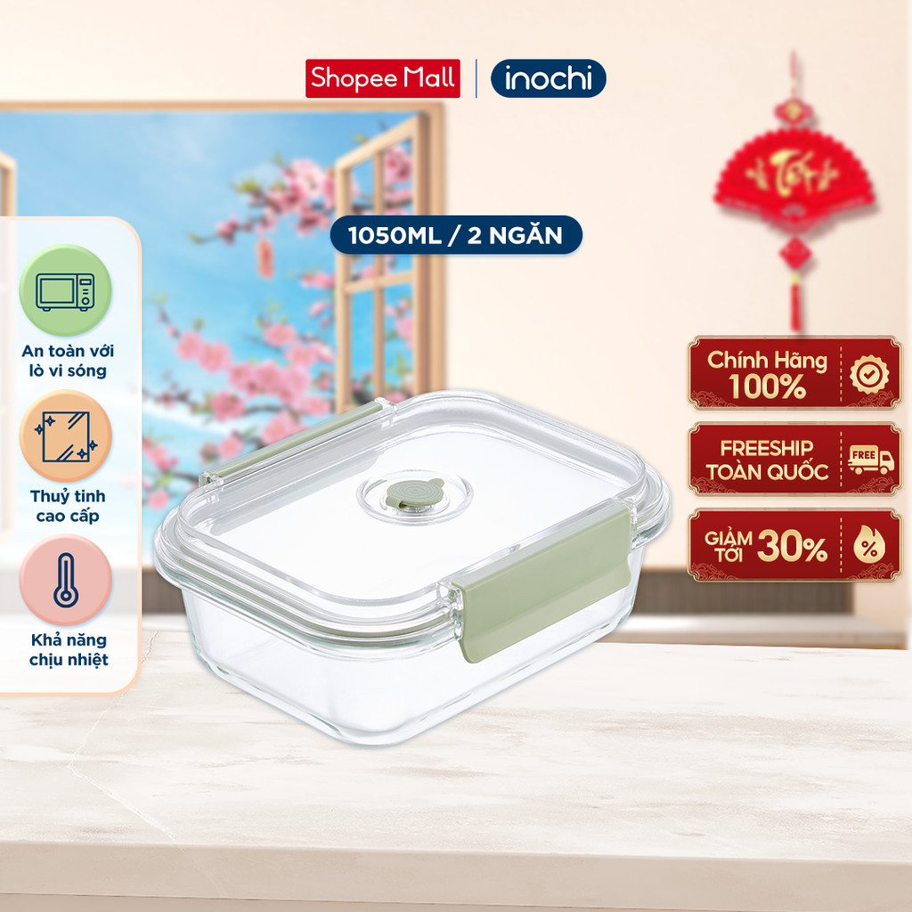 Hộp thủy tinh chữ nhật Nikko Valve Inochi dung tích 1050 ml (2 ngăn)