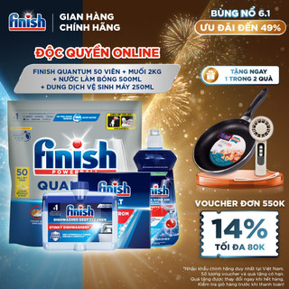  Combo Finish: Viên Rửa Chén Powerball Quantum 50 viên + Nước Làm Bóng 500ml + Muối Rửa Chén 2kg + Dung dịch vệ sinh máy 