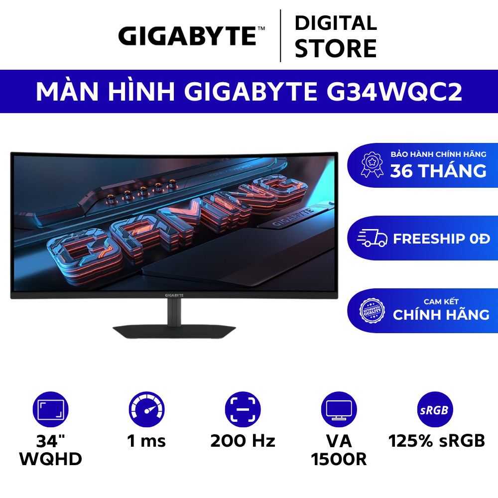 Màn Hình Cong UltraWide Gigabyte G34WQC2 34" VA 1500R WQHD 200Hz 1ms 125% sRGB 450nits |