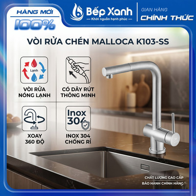 Vòi Rửa Chén Nóng Lạnh Malloca K103-SS Cao Cấp - Có Dây Rút Thông Minh, Xoay 360 Độ, Inox 304 Chống Rỉ - Hàng Chính Hãng