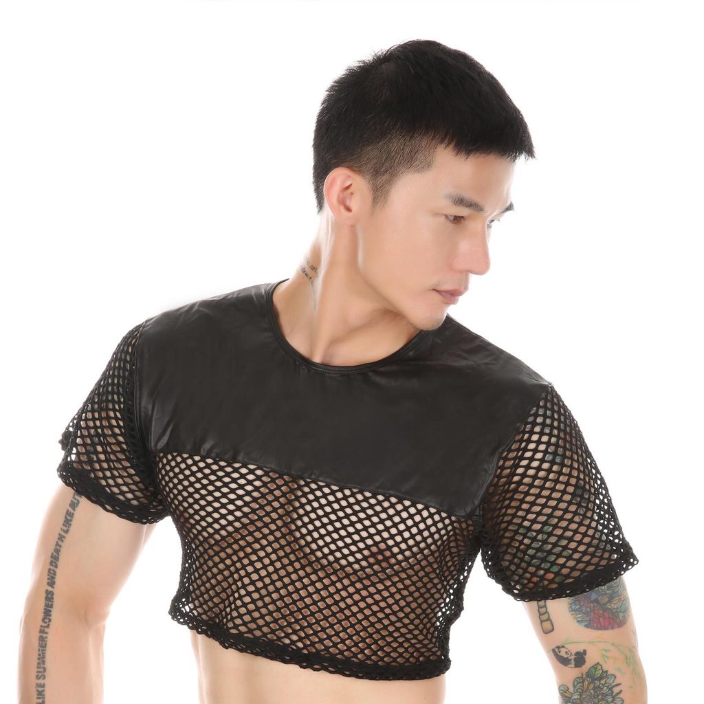 CLEVER-MENMODE Áo Thun Nam Phong Cách Fishnet Giả Da, Size Châu Âu