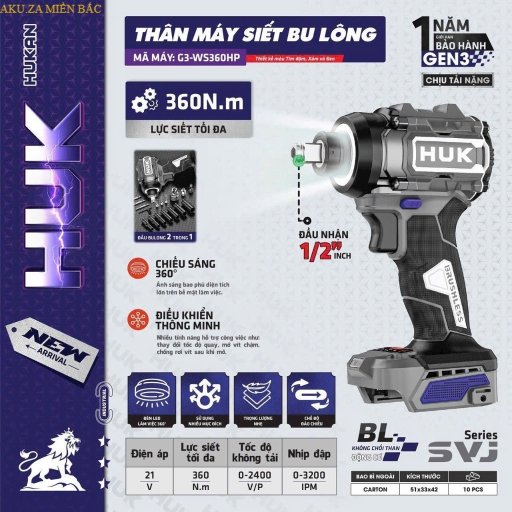 [Seri SVJ] Thân máy bulong kèm chuyền vít HUKAN G3-WS360HP / Lực 360Nm / Đầu 2 trong 1 AKUZA miền bắ