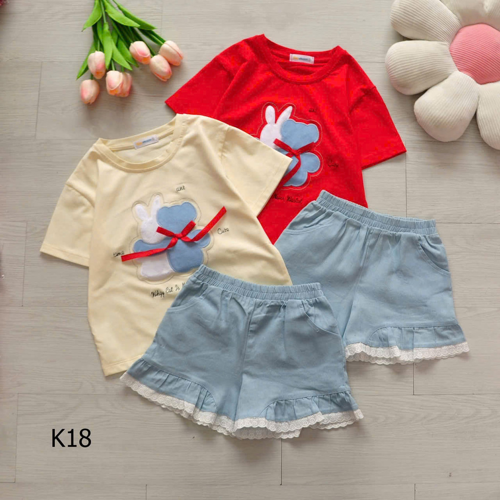 Set áo cotton đắp gấu phối quần giả jean bèo ren dễ thương cho bé gái K20