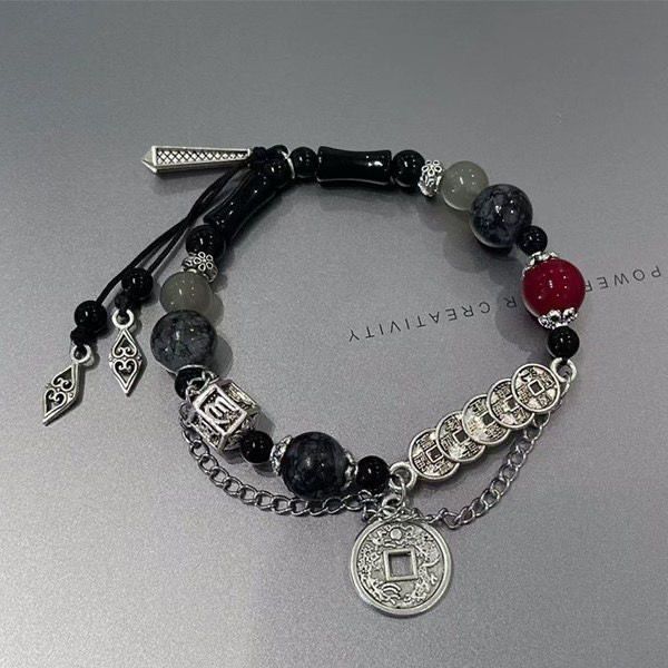 Hot Sale#Chinese Style Mountain Ghost Red Shore Five Directions Copper Coin Bracelet Glass Beads Nat