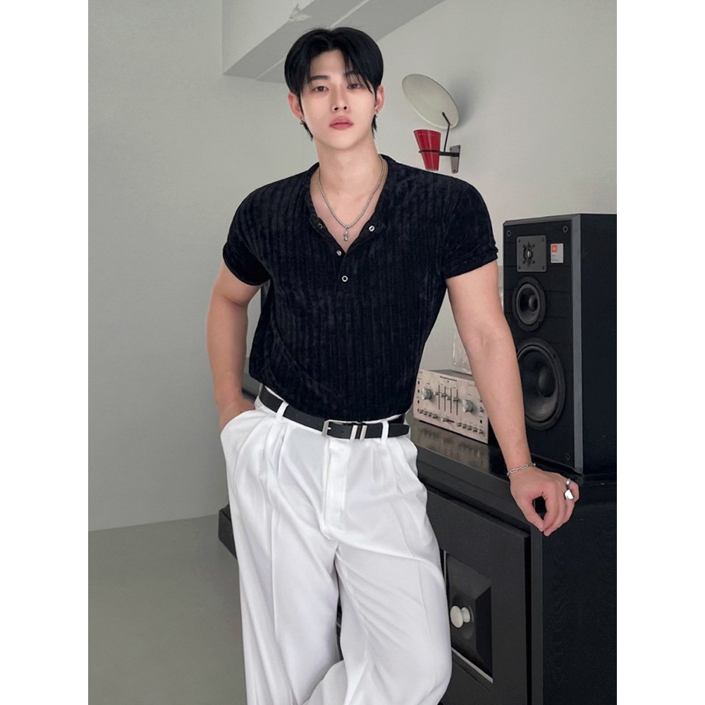 MYQ Old Money Style Henry Collar Short Sleeve T Men's Summer Commuting Wear Slim Fit Textured T-Shir