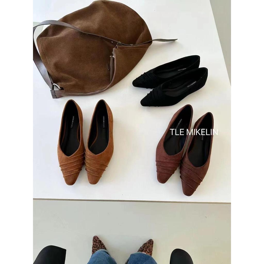 TLE MIKELIN Thiết Kế Cảm Giác Nhăn Mũi Nhọn Nêm Da Lộn Giày Retro Phiên Bản Hàn Quốc Đi Lại Giày Nữ 