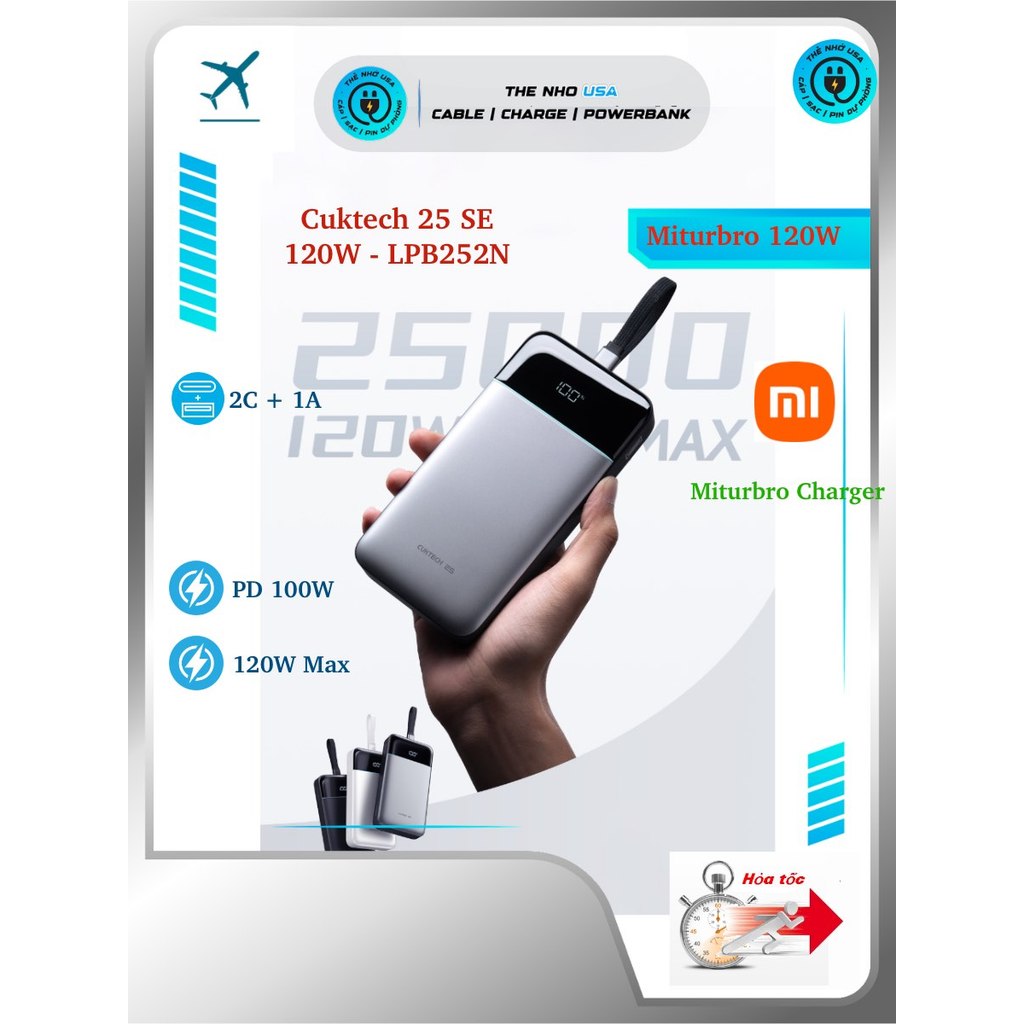 Trạm sạc Cuktech SE25 25000mAh 120W 2C1A PD 100W PPS UFCS QC cáp type C liền