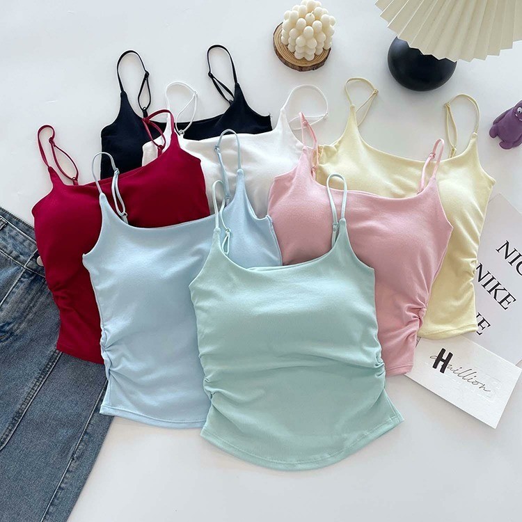 【Ready Stock】 Summer Fresh Pure Cotton Camisole Design Pleated Underwear Padded Outer Wear Slimming 
