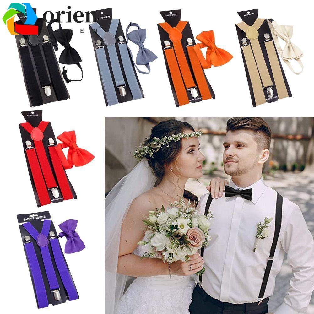 ORIEN Suspenders Y Back Style Leather Solid Color Men Women Bow Ties Set
