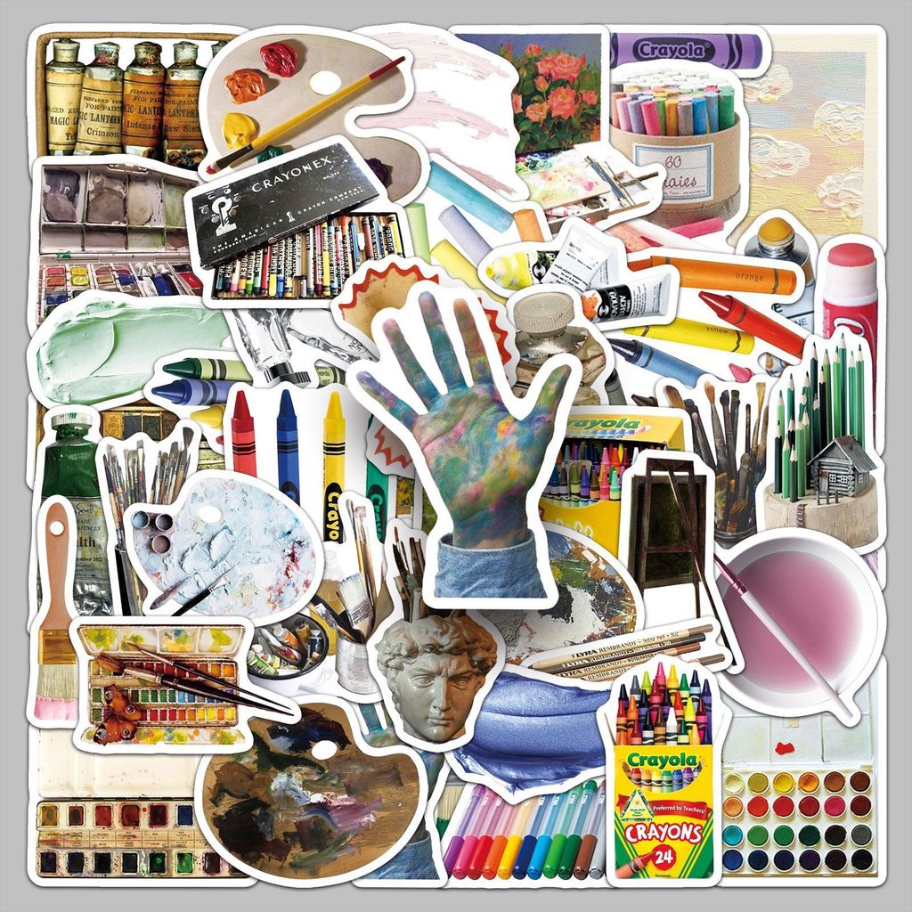 Bộ 50/100/200 sticker mỹ thuật chống nước, sticker cọ, sơn, bảng màu decor xe máy, mũ, bình nước, va