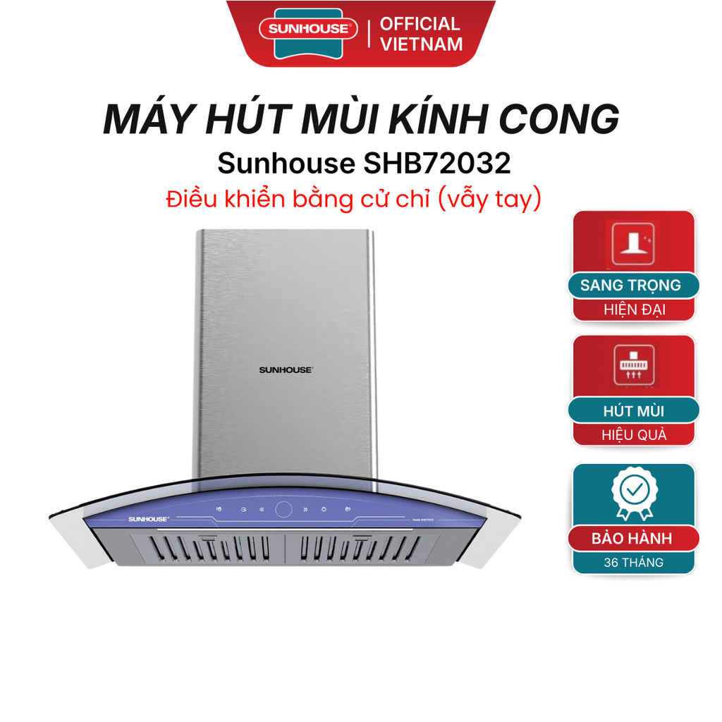 Máy Hút Mùi Kính Cong SUNHOUSE SHB72032 - Có 3 Tốc Độ Hút Mạnh Mẽ , Thân Máy Inox , Bảo Hành Tại Nhà