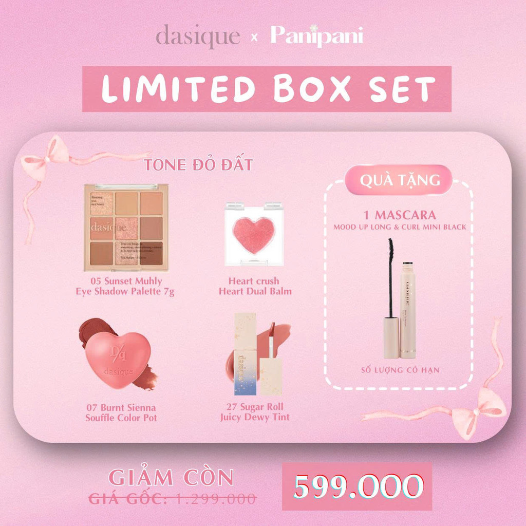[DASIQUE] Bảng Mắt 05 Sunset Muhly + Son Dưỡng Heart Crush + Son bùn 07 Burnt Sienna + Son 27 Sugar 