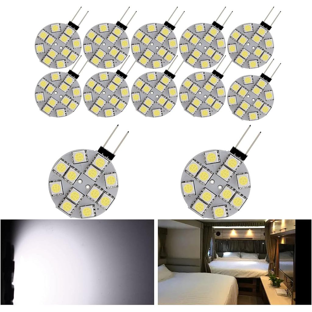 YM E-Bright 12-Pack G4 Puck Đèn LED Bóng Đèn Bên Pin Đế Tròn Trắng G4 5050 12SMD LED RV Camper Bóng 