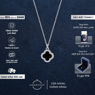  Dây chuyền mặt đá cỏ 4 lá Asimi Dây chuyền bạc Ý S925 sáng bền màu xi bạch kim Lucky Line DC39 