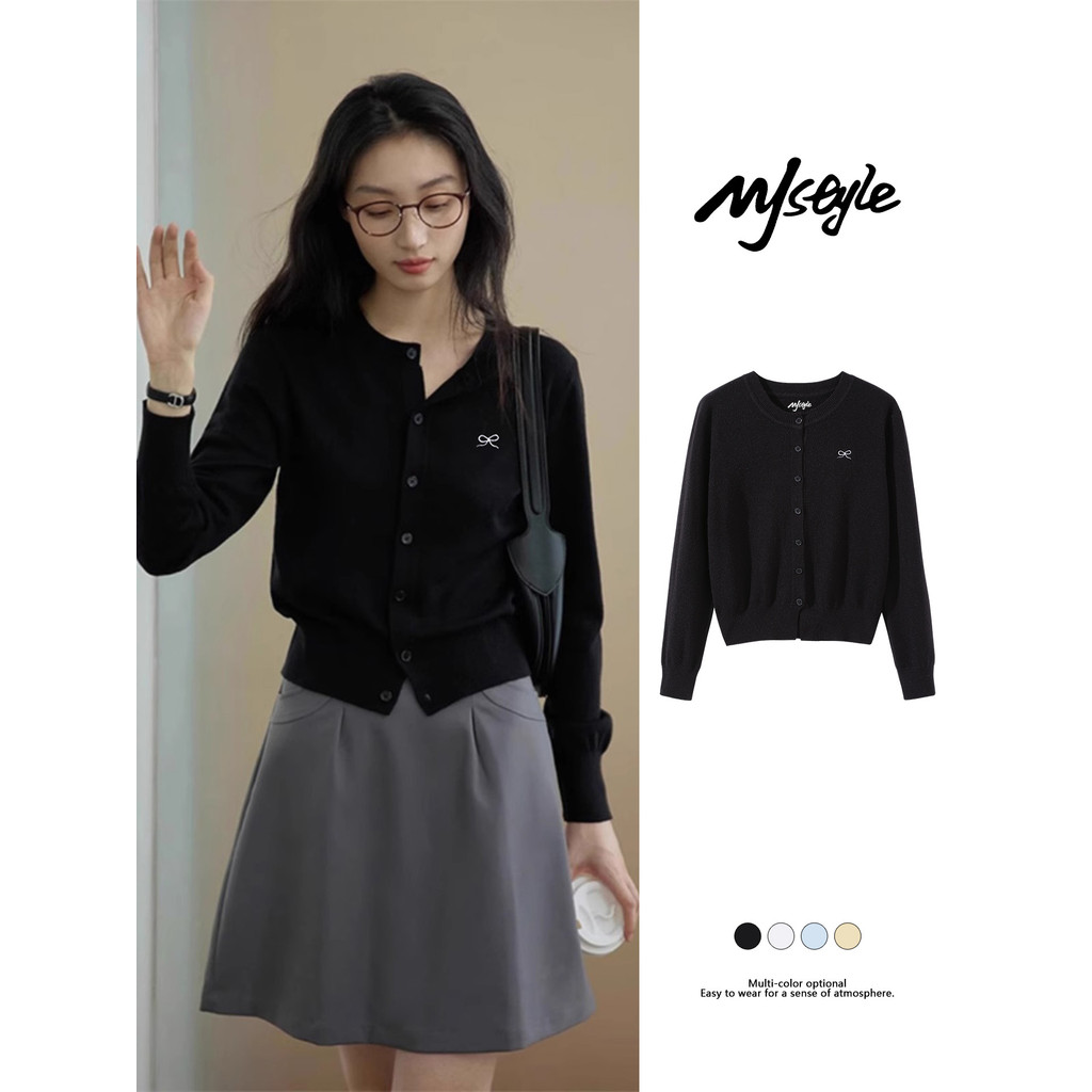 MJstyle Thêu Nơ Áo Len Áo Khoác Nữ Mùa Thu Mùa Thu Màu Đen Mềm Mại Thoải Mái Dệt Kim Cardigan