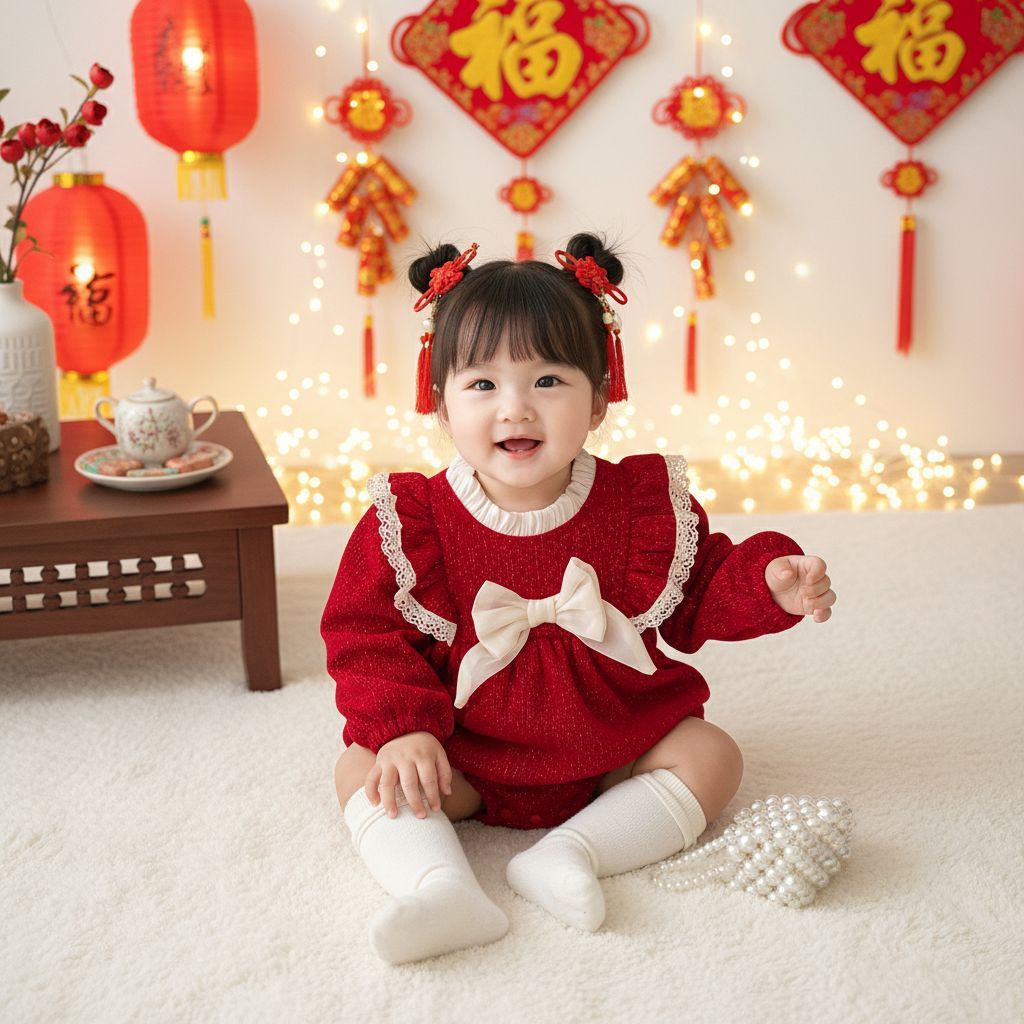 Baby Girl Fleece-Lined Red New Year Clothes Baby Sweet Princess Romper New Year Clothes Jumpsuit xWD