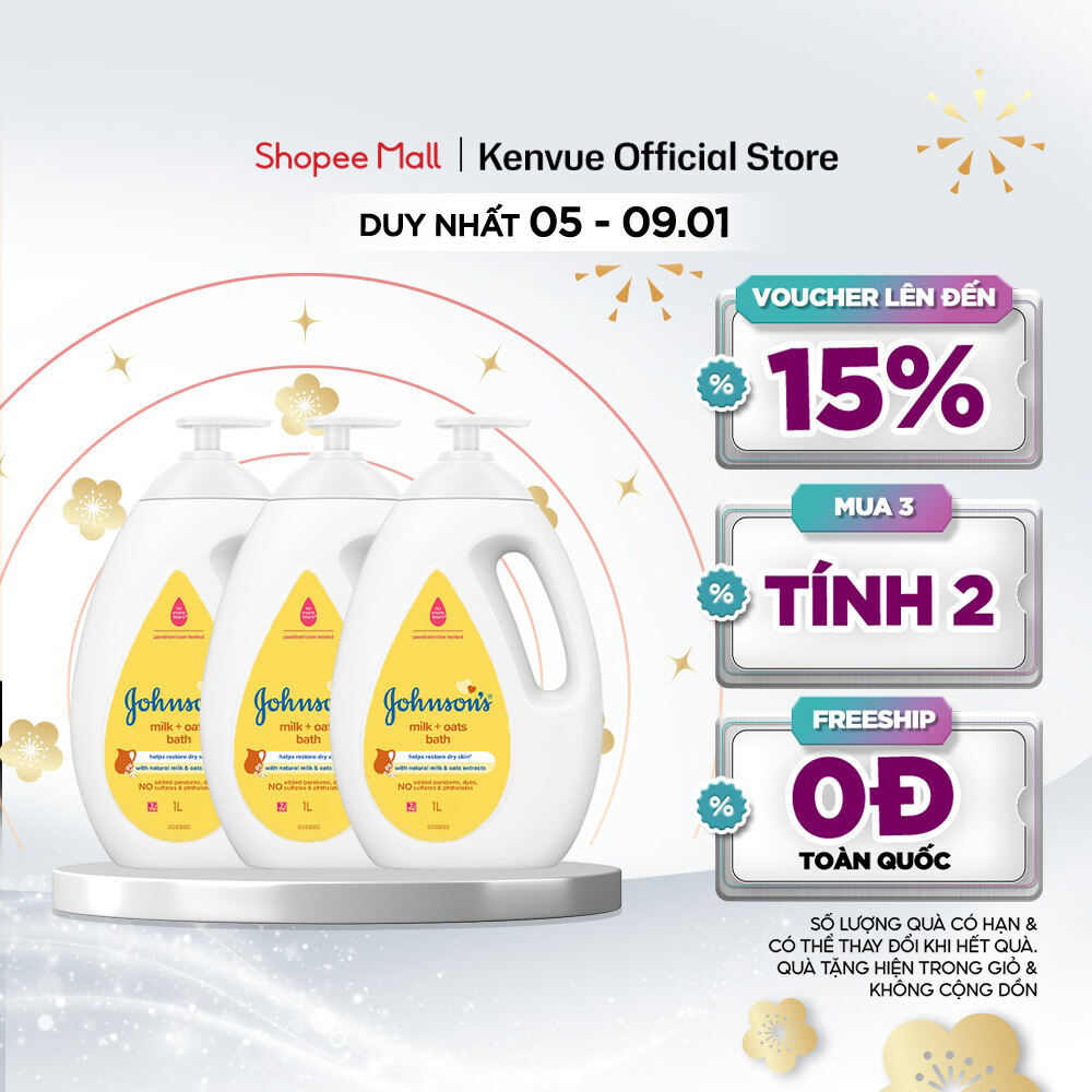 [MUA 3 TÍNH TIỀN 2] Combo 3 Sữa tắm Johnson's Baby Chứa Sữa & Gạo/Sữa Gạo & Yến Mạch/Sữa & Yến Mạch 1000ml/chai