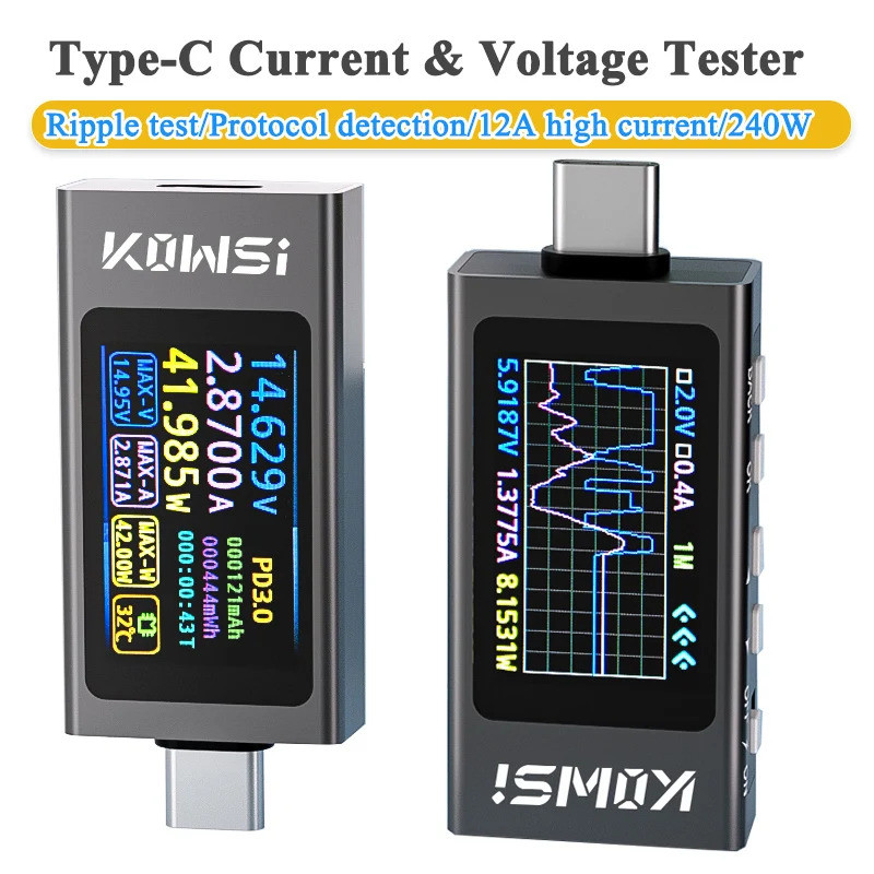KWS-X1 4V-30V 12A Loại C Máy kiểm tra Vôn kế Ampe kế TYPE-C Công suất phát hiện sạc nhanh Đo lường g