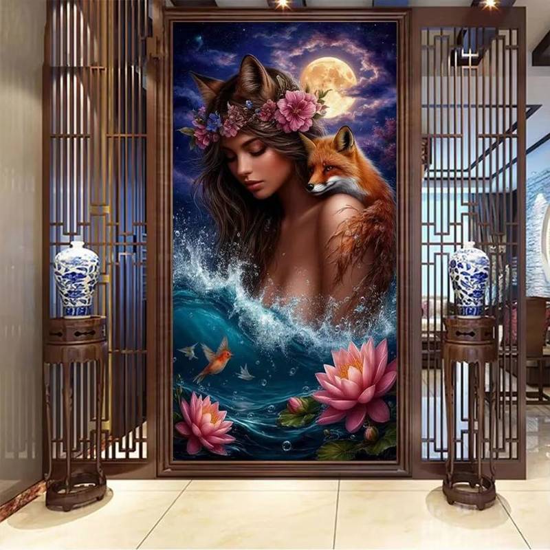 Moon Fox Fairy Flower HD Poster No Frame Canvas Painting For Home Room Wall Decor