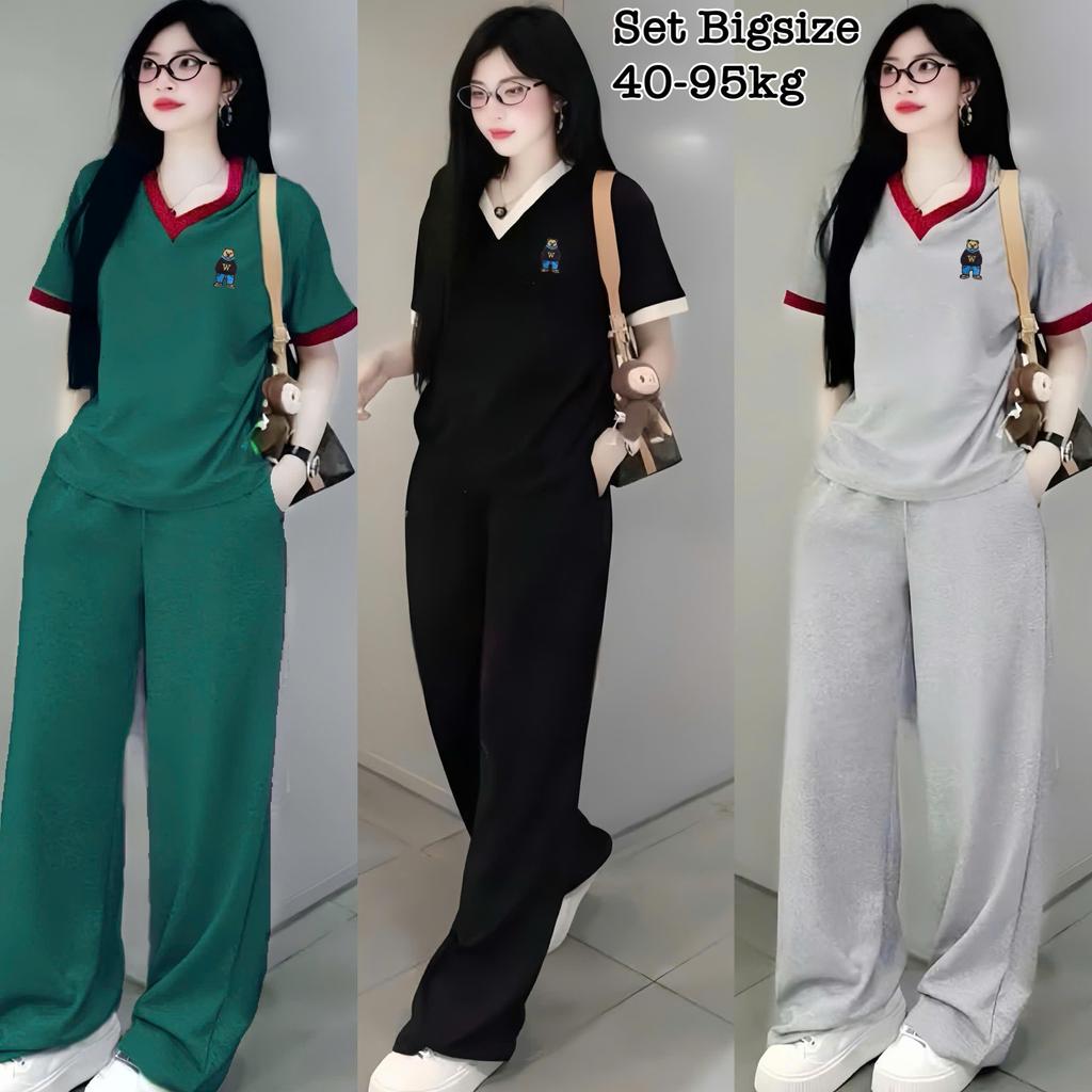 Set Bộ Dài Thun Tăm Bigsize Form Rộng Thêu Gấu Che Giấu Bụng Hot Hit cổ tim Nữ Chuppy Cao Cấp Xinh Đ